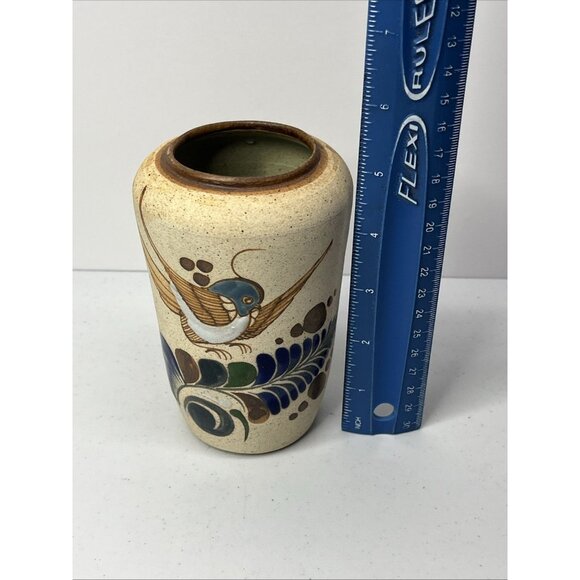 Mexican Tonala Art Pottery Vase Hand Painted Bird Ceramic Sandstone Folk Art - Picture 8 of 8
